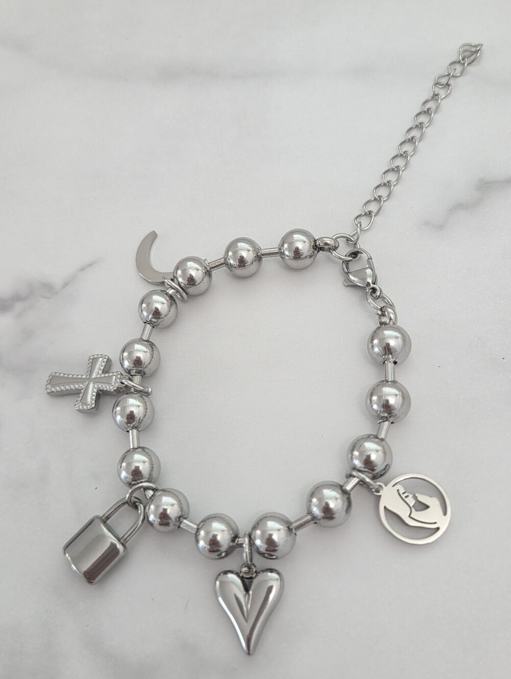 ​Silver Beaded Religious Multi Charm Stainless Steel Bracelet